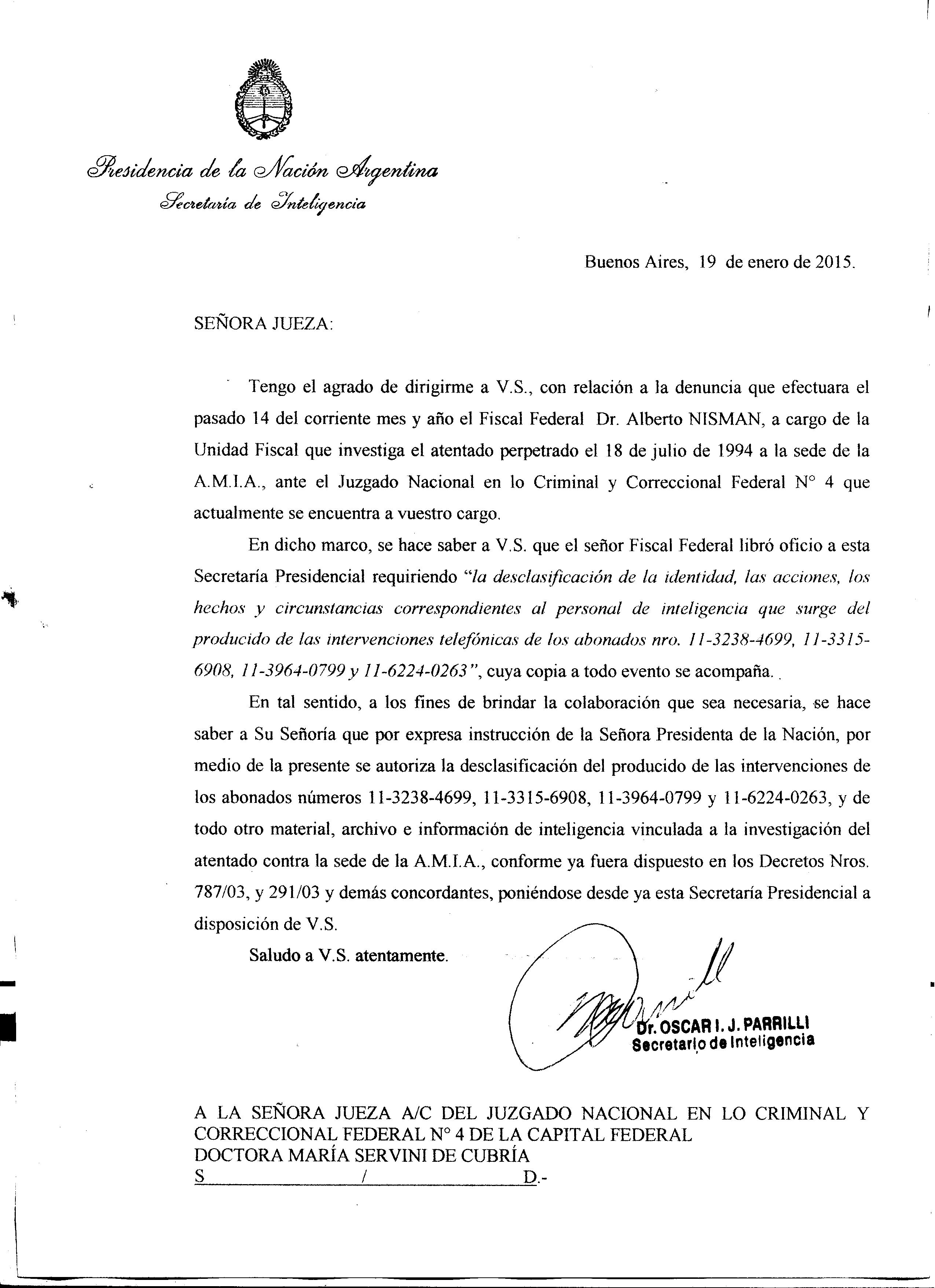 Notas enviadas por el titular de la Secretaría de Inteligencia a la jueza Servini de Cubría