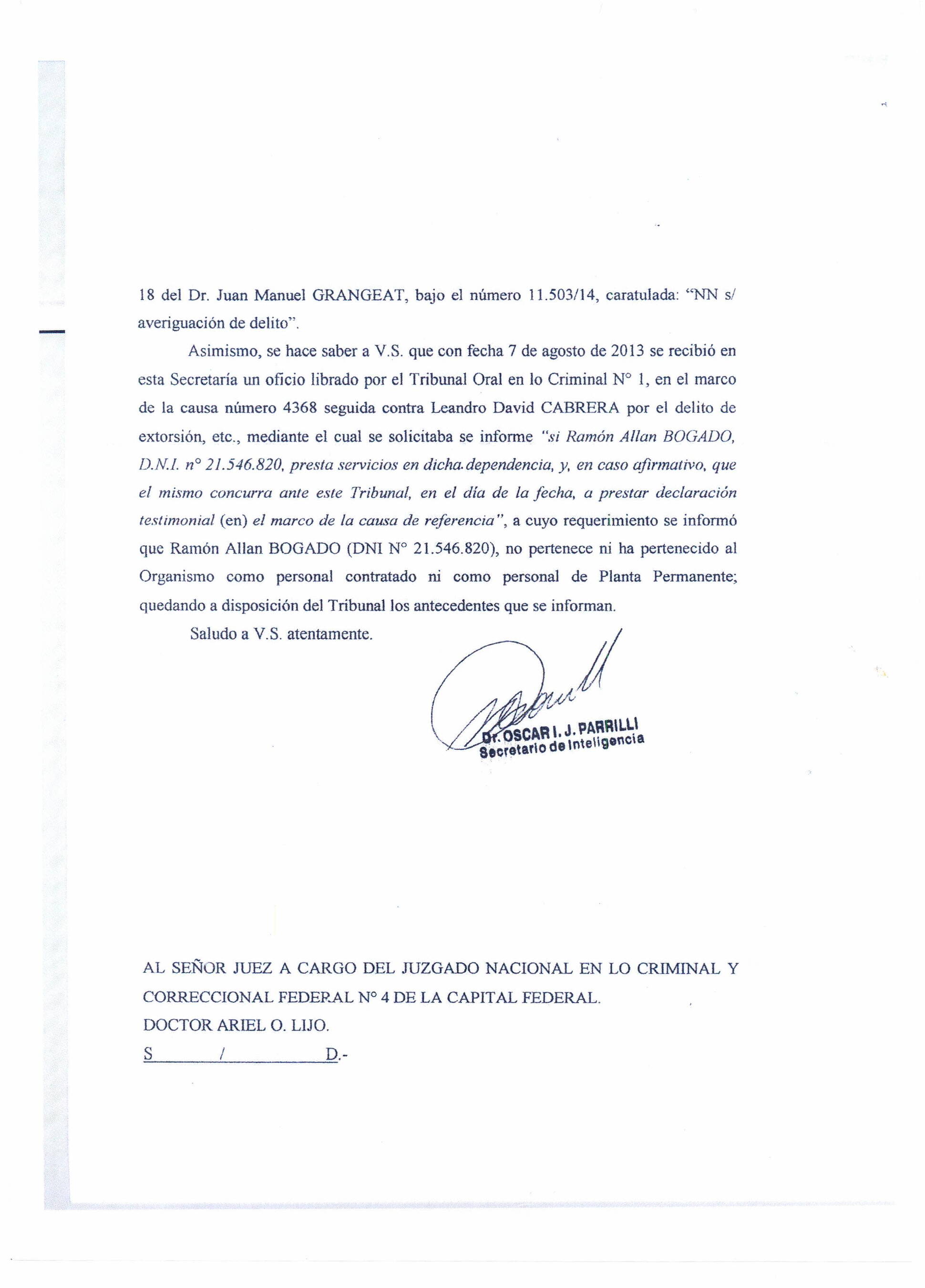 Carta del titular de la Secretaría de Inteligencia al juez Lijo