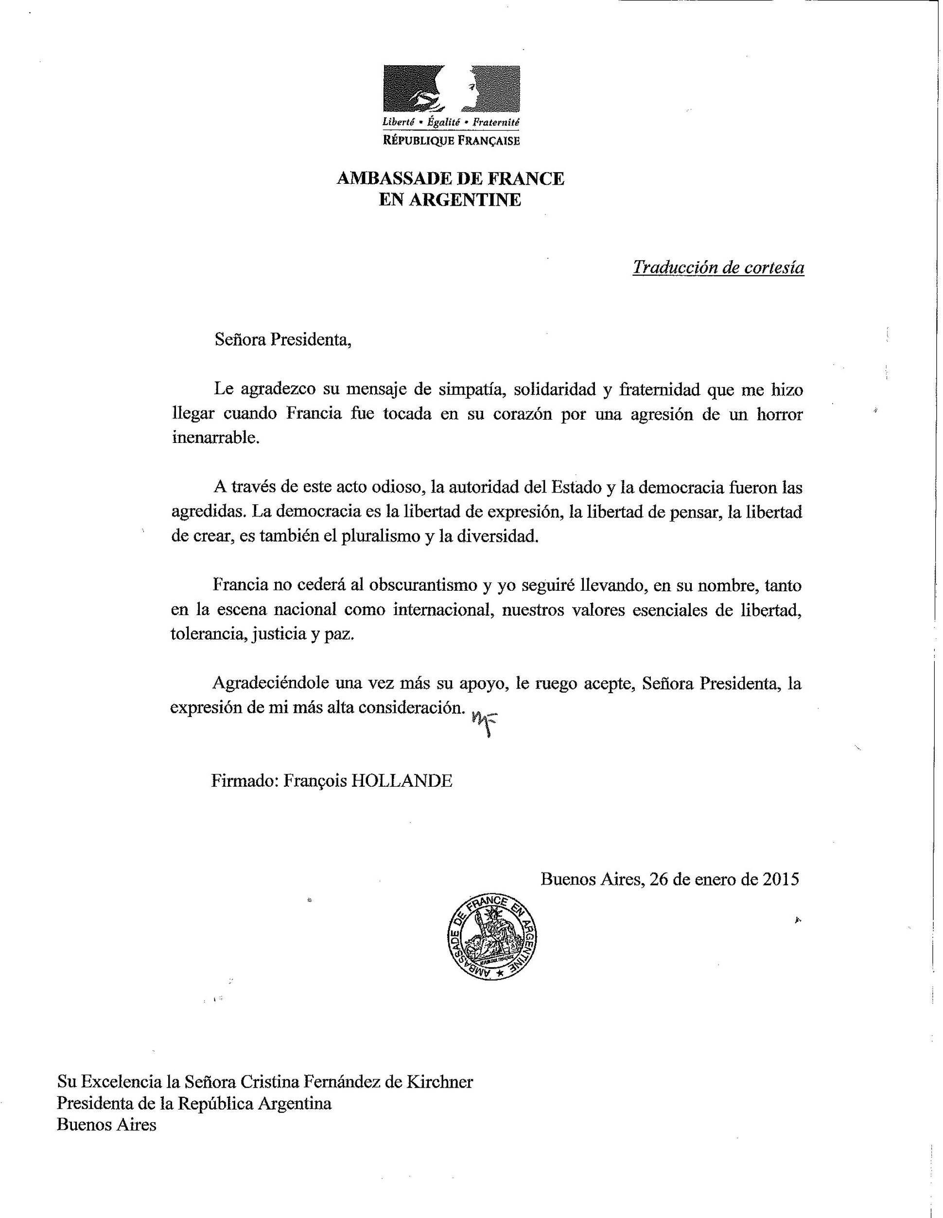 Imagen de la carta enviada por el presidente Francoise Hollande