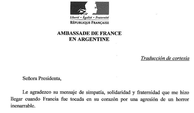 Imagen de la carta enviada por el presidente Francoise Hollande