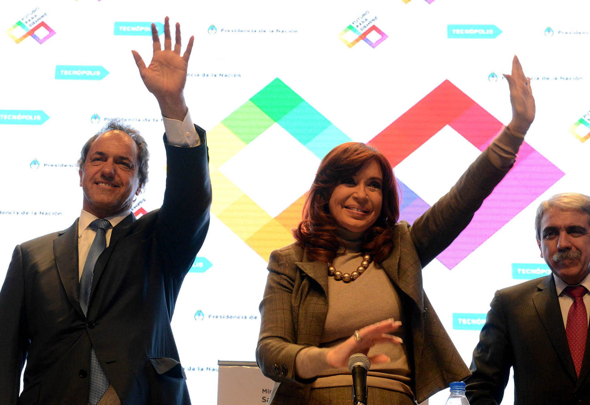 Cristina Fernández, Daniel Scioli y Anìbal Fernández en Tecnópolis