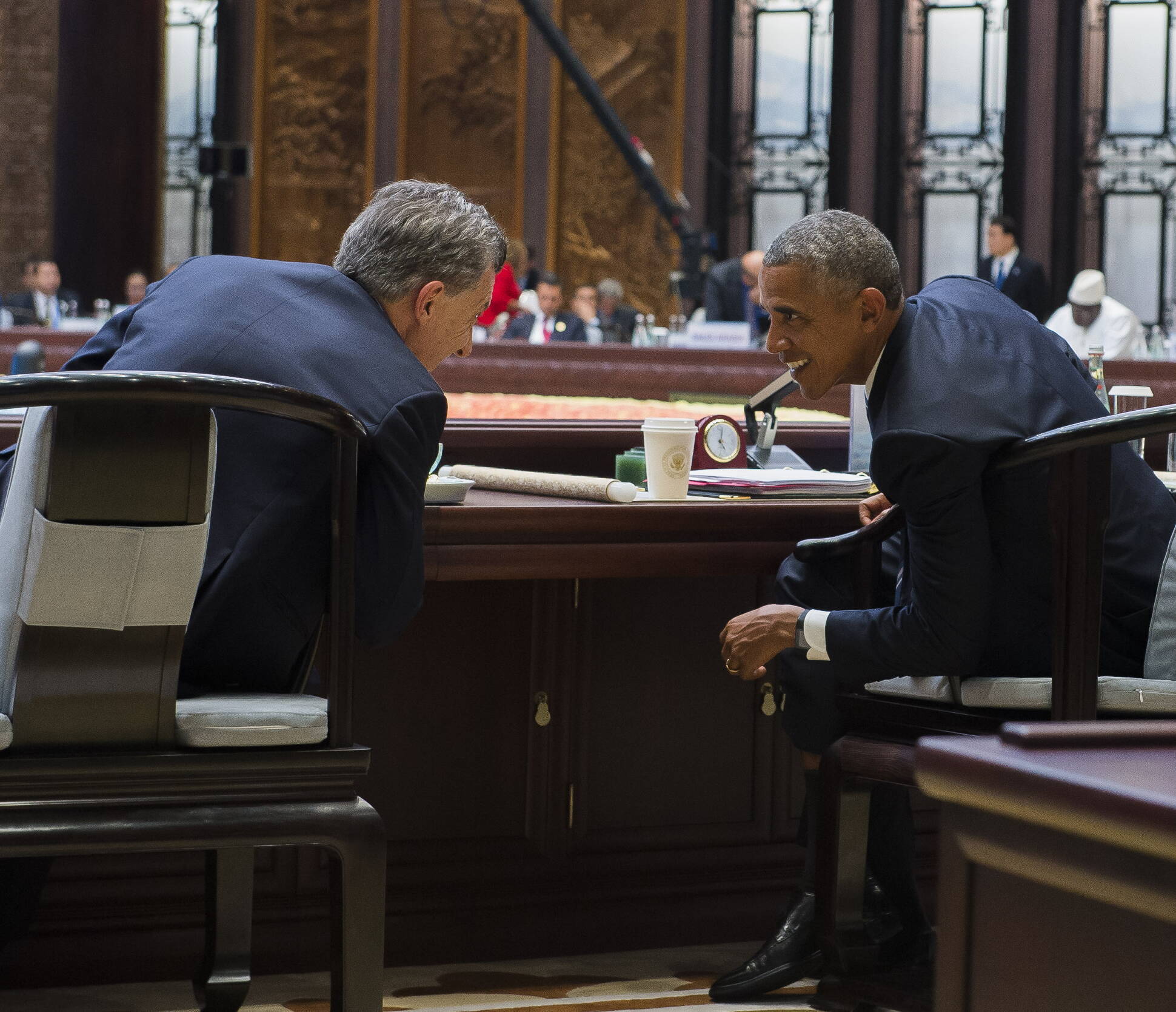 El Presidente Mauricio Macri con Barack Obama y Angela Merkel