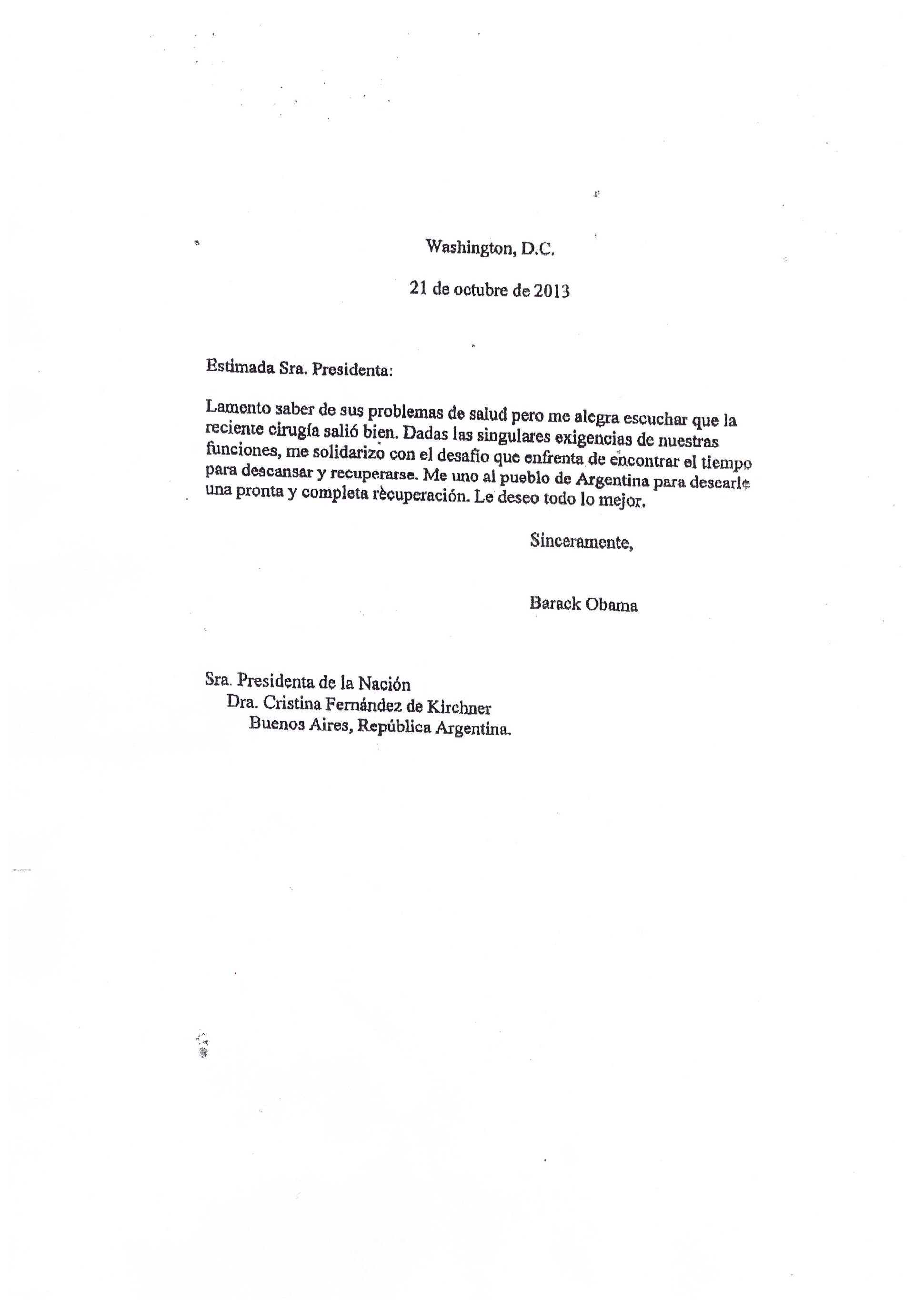 Carta de Barack Obama deseándole una pronta recuperación a 